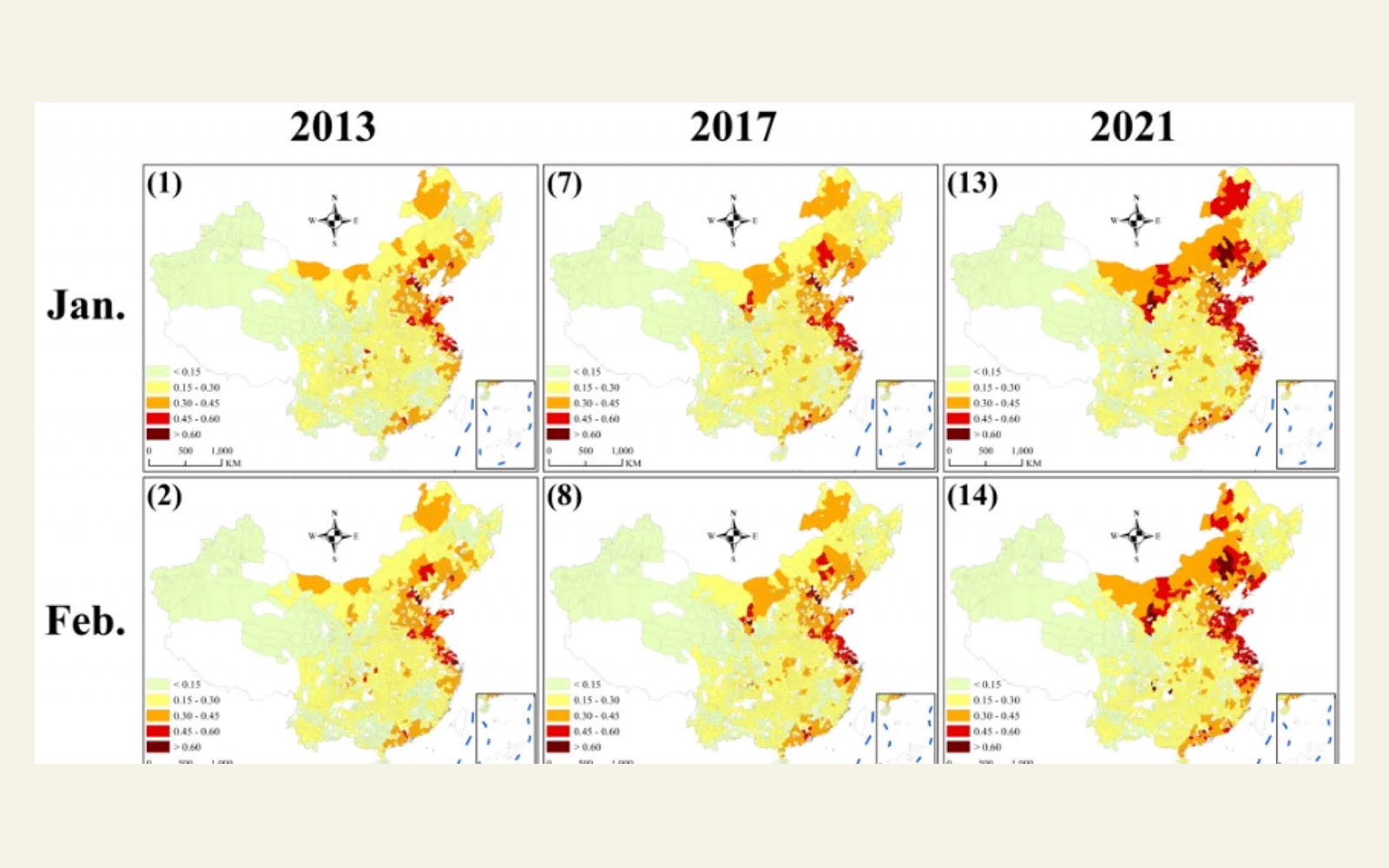 Maps comparing county-level monthly carbon emissions in China in 2013, 2017, and 2021