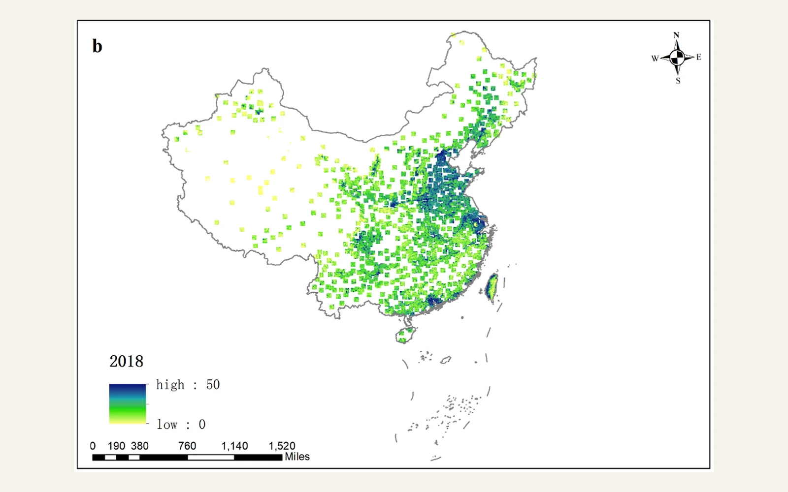 Map of the human footprint index at inter-city junctions in China in 2018