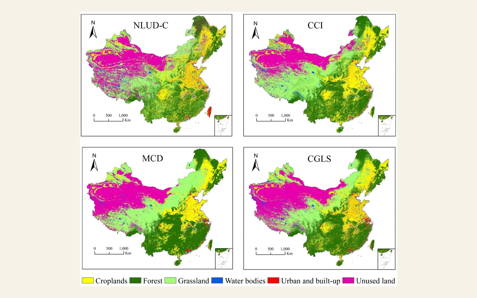 Visual comparison of four land-cover datasets for China in 2015