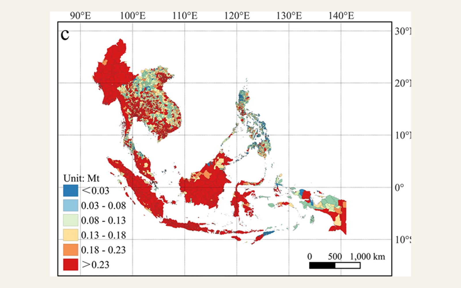 Map of city-level carbon emissions across Southeast Asia in 2020